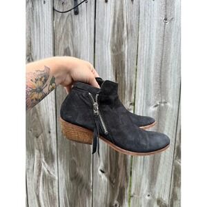 Western Boho Sam Edelman Petty Ankle Boot 7.5 Black Suede Side Zip Stacked Heel
